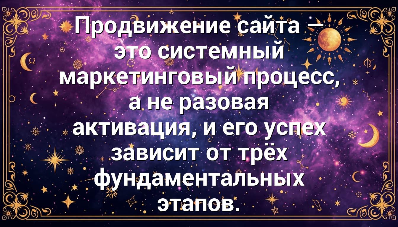 Продвижение сайта — это системный маркетинговый процесс, а не разовая активация, и его успех зависит от трёх фундаментальных этапов.