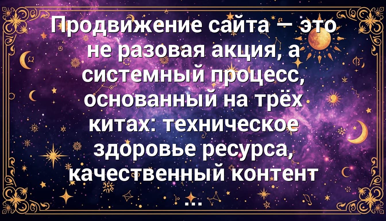Продвижение сайта — это не разовая акция, а системный процесс, основанный на трёх китах: техническое здоровье ресурса, качественный контент ...