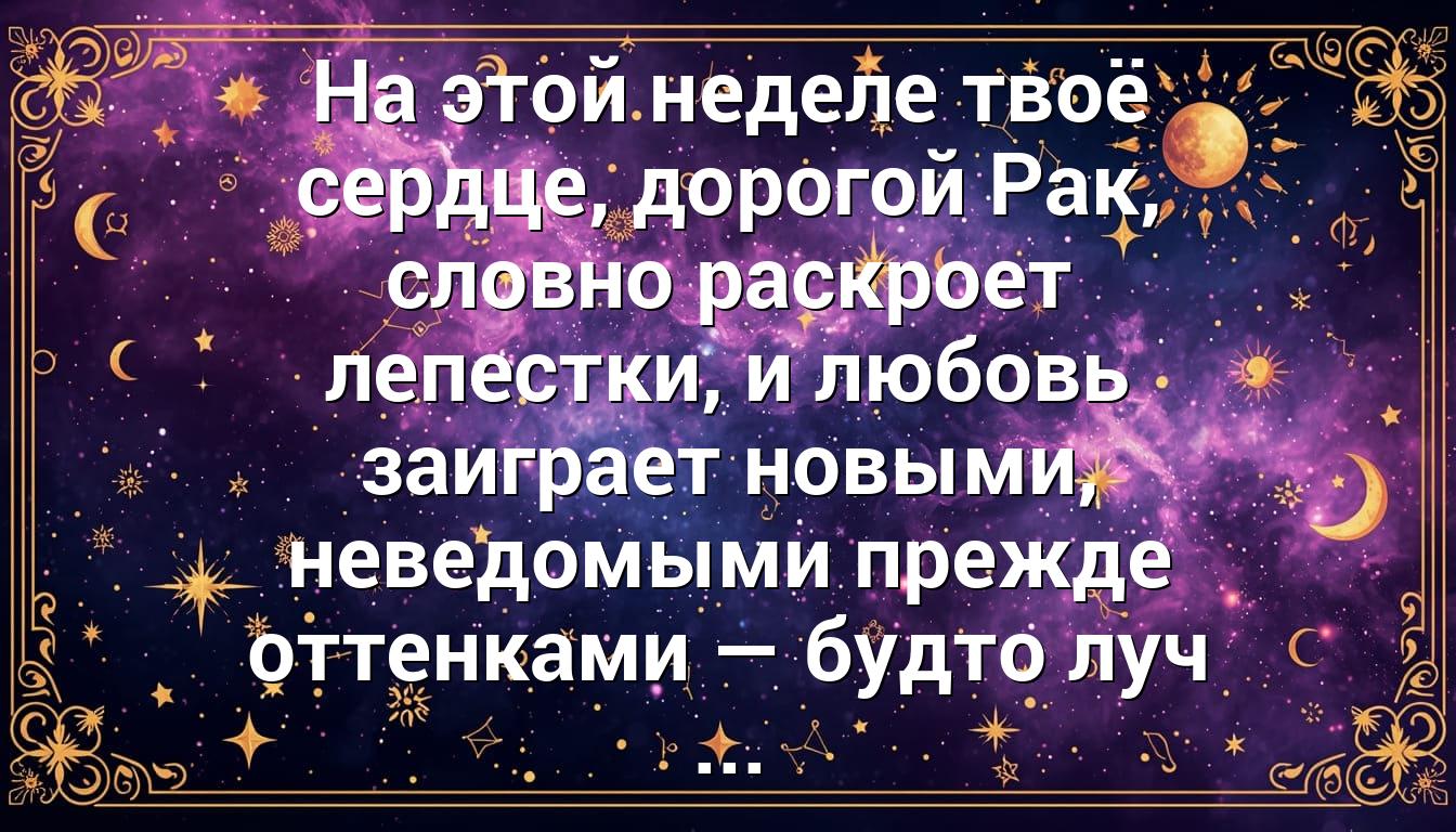 На этой неделе твоё сердце, дорогой Рак, словно раскроет лепестки, и любовь заиграет новыми, неведомыми прежде оттенками — будто луч ...